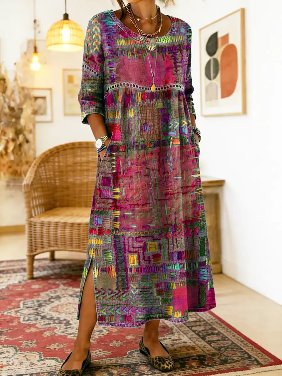 Manuela - Libero Vestito in Denim con Patchwork Etnico