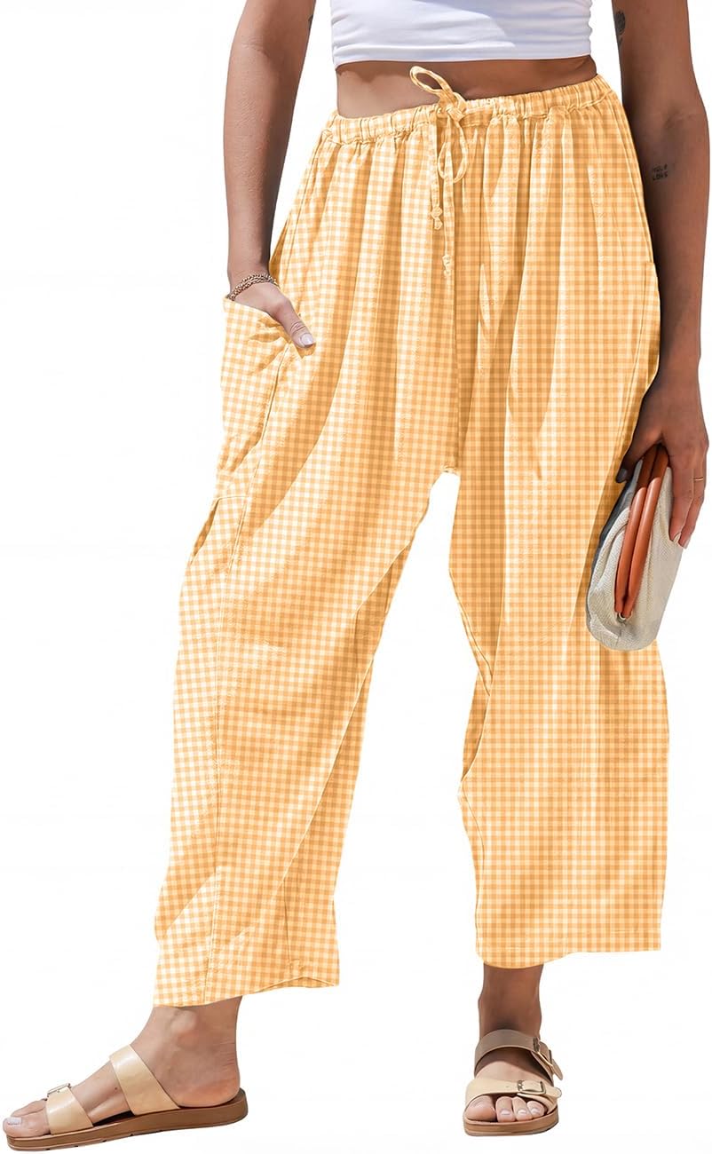Pantaloni larghi a righe in lino per donna TARSE, casual, a palazzo, harem, con tasche e coulisse a vita bassa