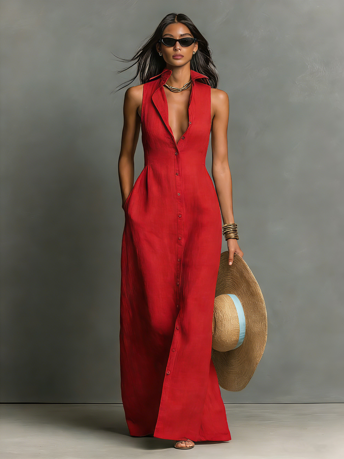 Abito Camicia Maxidress Senza Maniche in Lino Minimalista per Donna - Sofisticato Abito