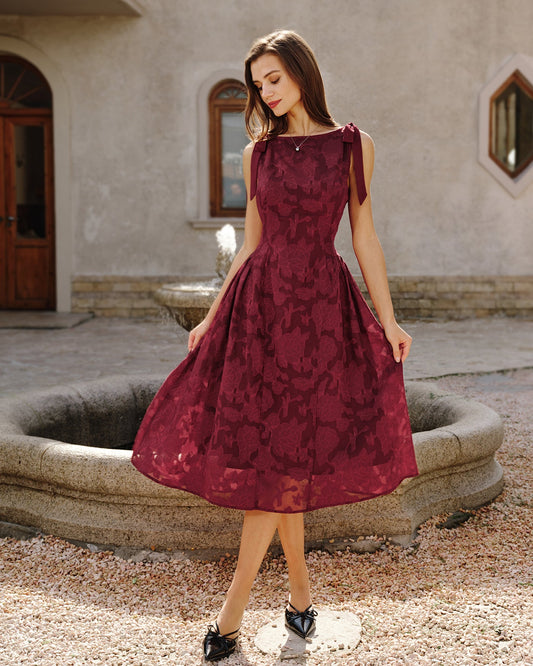 Abito Midi in Chiffon Jacquard Rosso Vivo