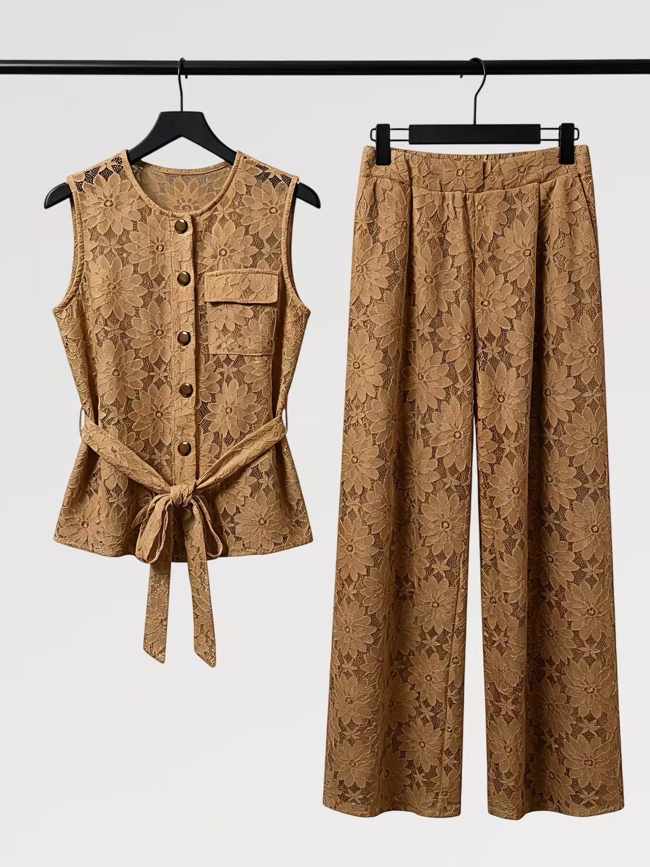 Lady First - Elegante Completo IRENE Smanicato Pizzo – Top con Nodo & Pantalone Palazzo