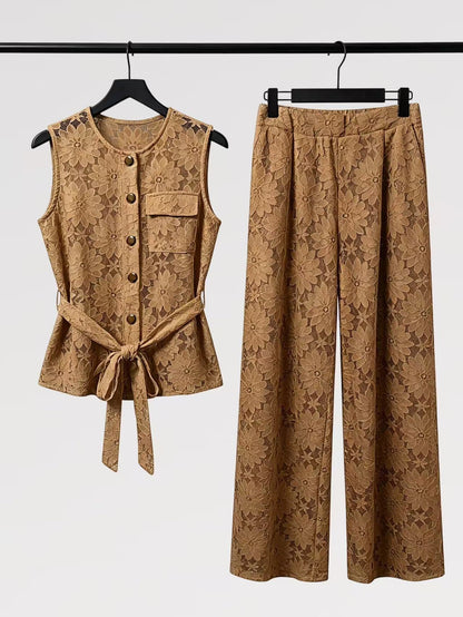 Lady First - Elegante Completo IRENE Smanicato Pizzo – Top con Nodo & Pantalone Palazzo