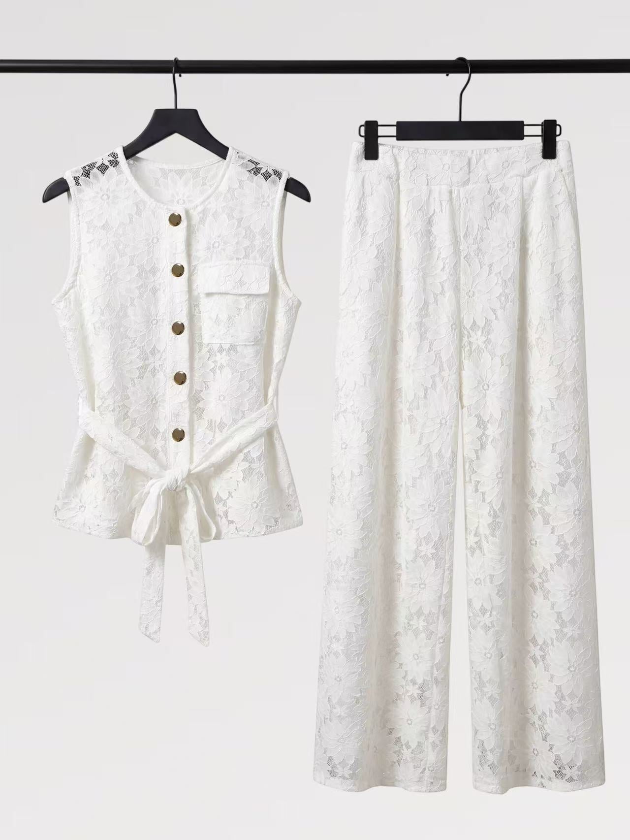 Lady First - Elegante Completo IRENE Smanicato Pizzo – Top con Nodo & Pantalone Palazzo
