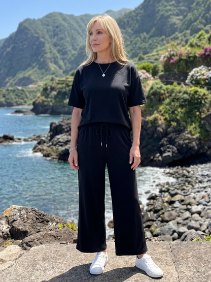 Wihel - Leggero Set di Pantaloni a Gamba Dritta con Vita Regolabile e Maniche Corte