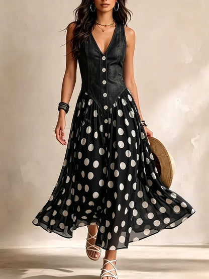 Adeline - Elegante Vestito Lungo Denim con Lunares