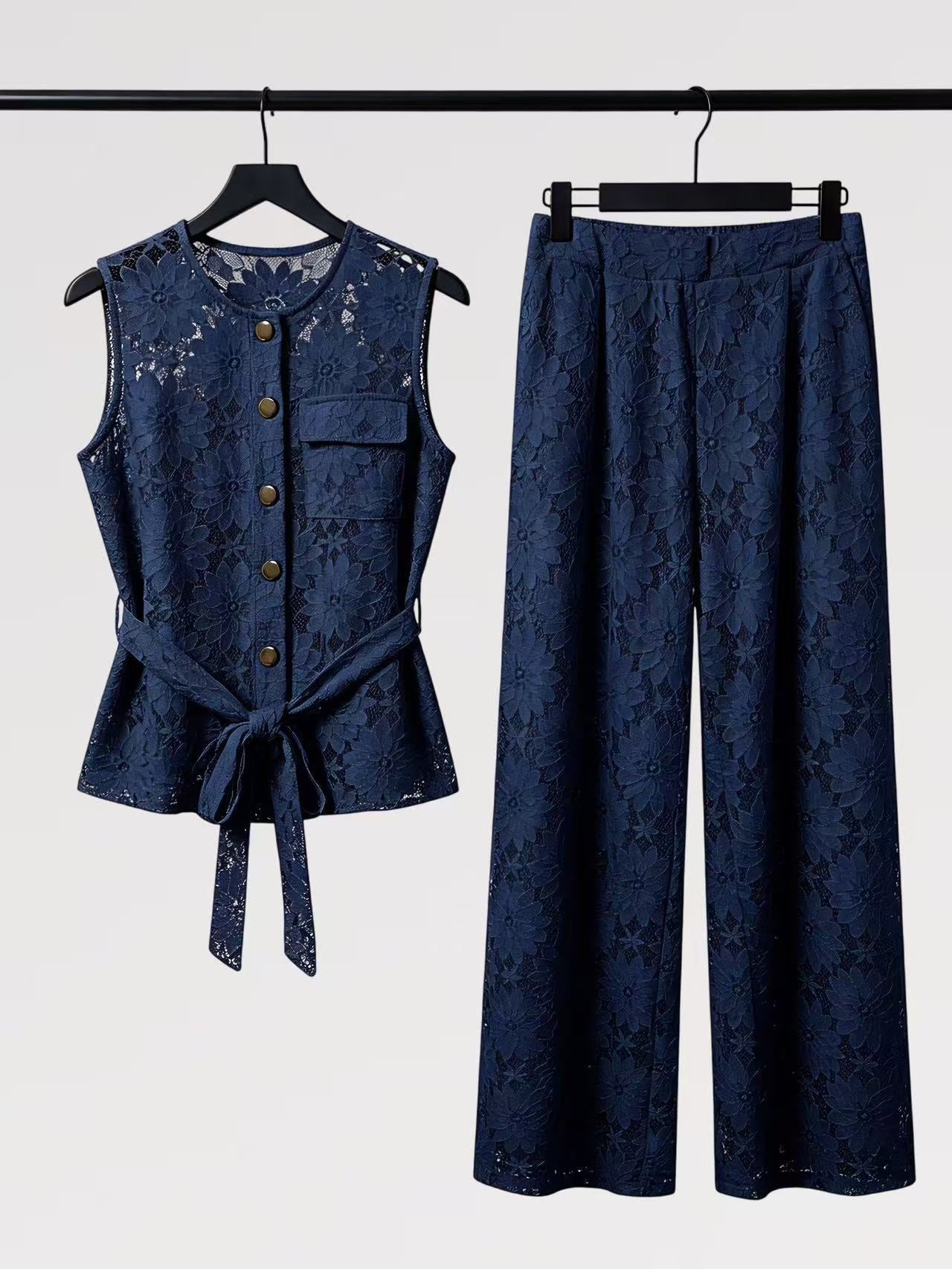 Lady First - Elegante Completo IRENE Smanicato Pizzo – Top con Nodo & Pantalone Palazzo