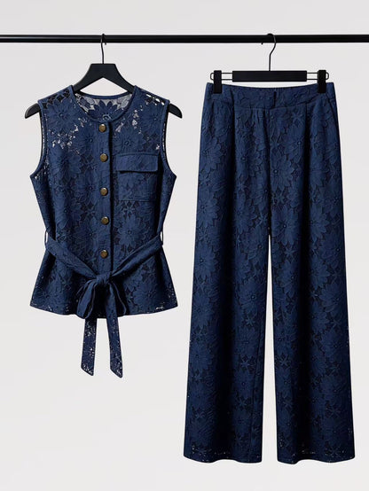 Lady First - Elegante Completo IRENE Smanicato Pizzo – Top con Nodo & Pantalone Palazzo