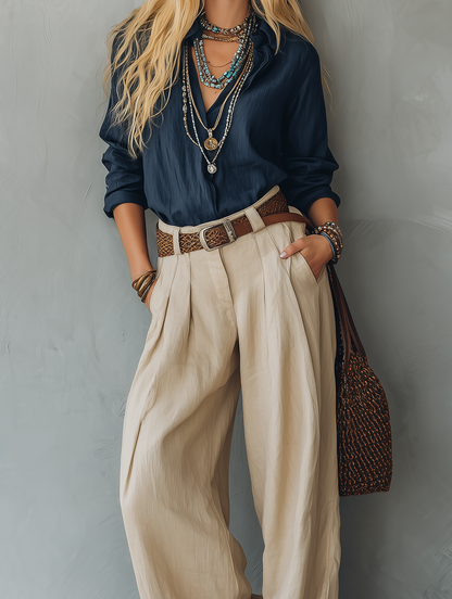 Camicia Pullover Lunga da Donna in Cotone-Lino Blu Navy