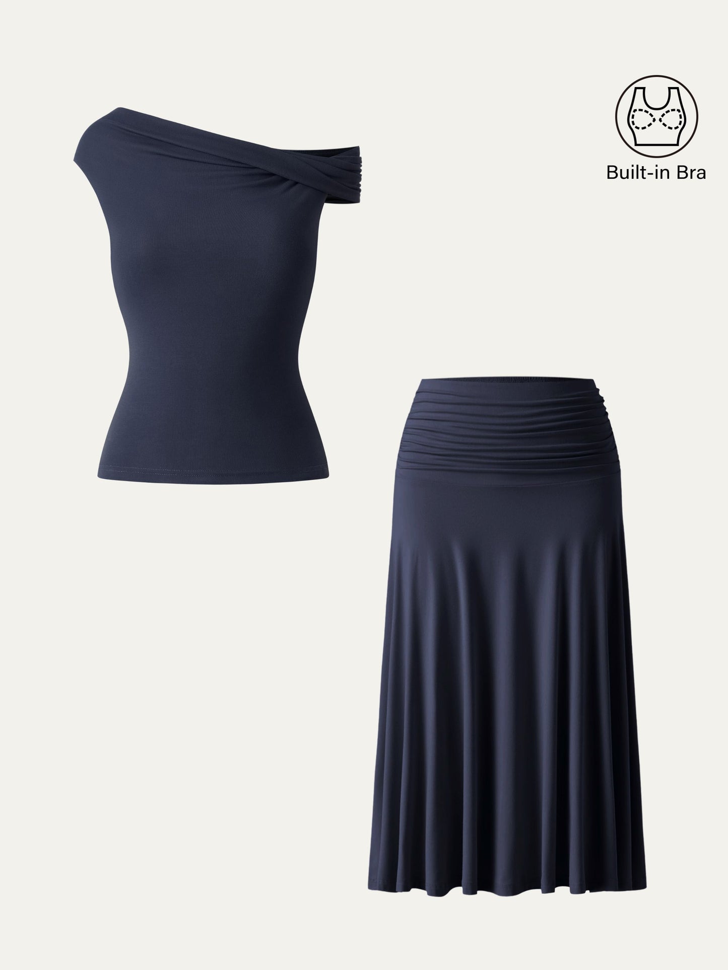 Set di 2 Pezzi Top Bra Multiuso & Gonna Midi A-line con Rouches - Set Versatile di Top e Gonna Midi A-line