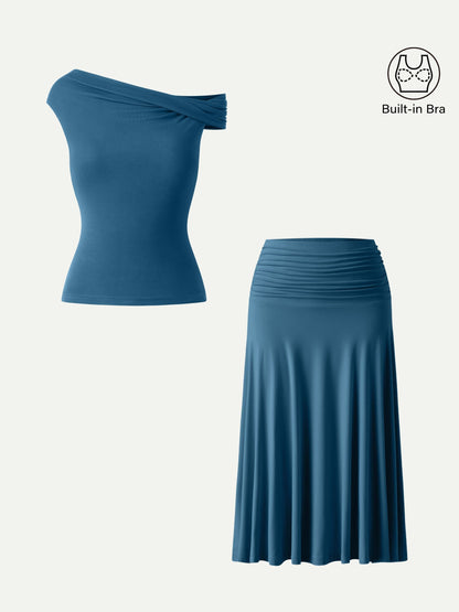 Set di 2 Pezzi Top Bra Multiuso & Gonna Midi A-line con Rouches - Set Versatile di Top e Gonna Midi A-line