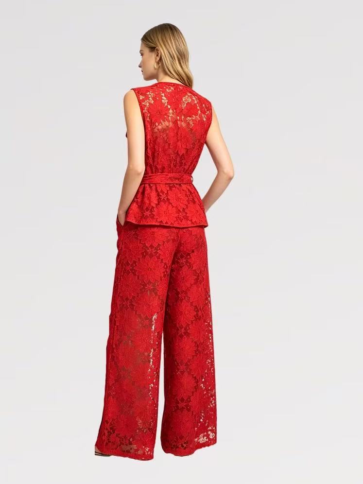 Lady First - Elegante Completo IRENE Smanicato Pizzo – Top con Nodo & Pantalone Palazzo