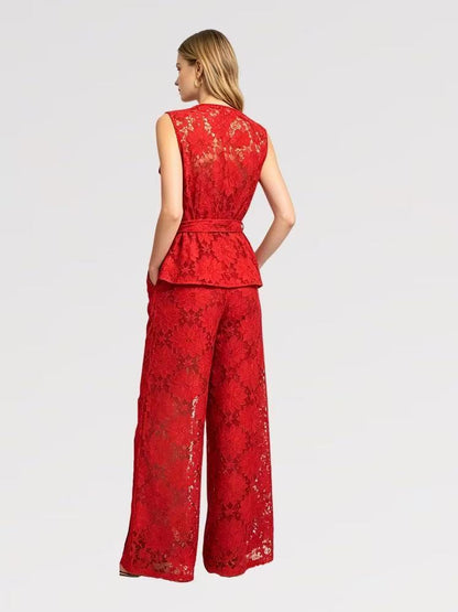 Lady First - Elegante Completo IRENE Smanicato Pizzo – Top con Nodo & Pantalone Palazzo
