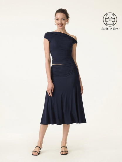 Set di 2 Pezzi Top Bra Multiuso & Gonna Midi A-line con Rouches - Set Versatile di Top e Gonna Midi A-line