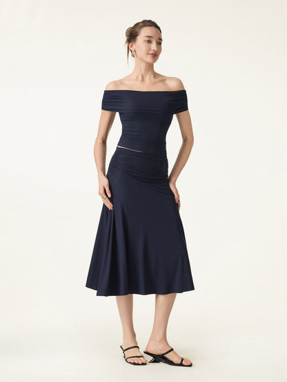 Set di 2 Pezzi Top Bra Multiuso & Gonna Midi A-line con Rouches - Set Versatile di Top e Gonna Midi A-line