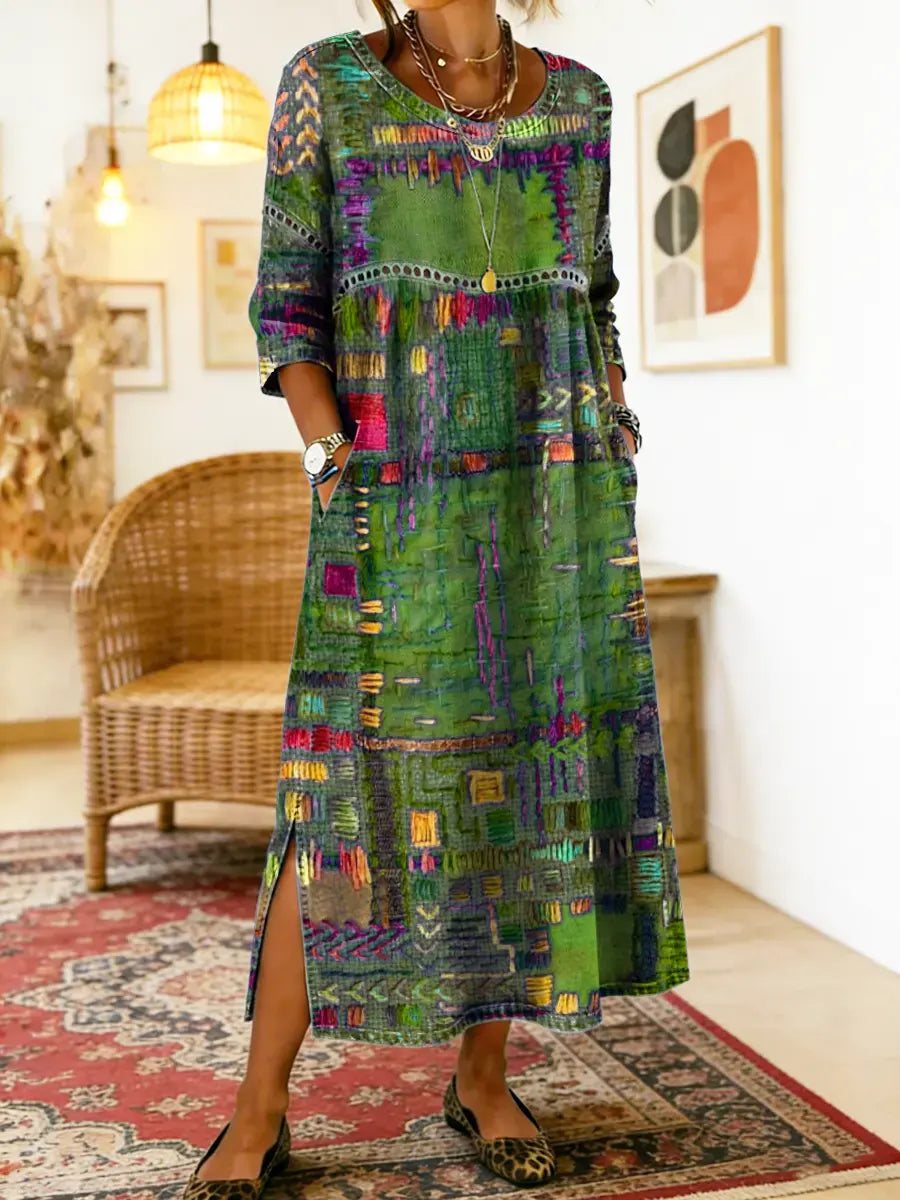 Manuela - Libero Vestito in Denim con Patchwork Etnico