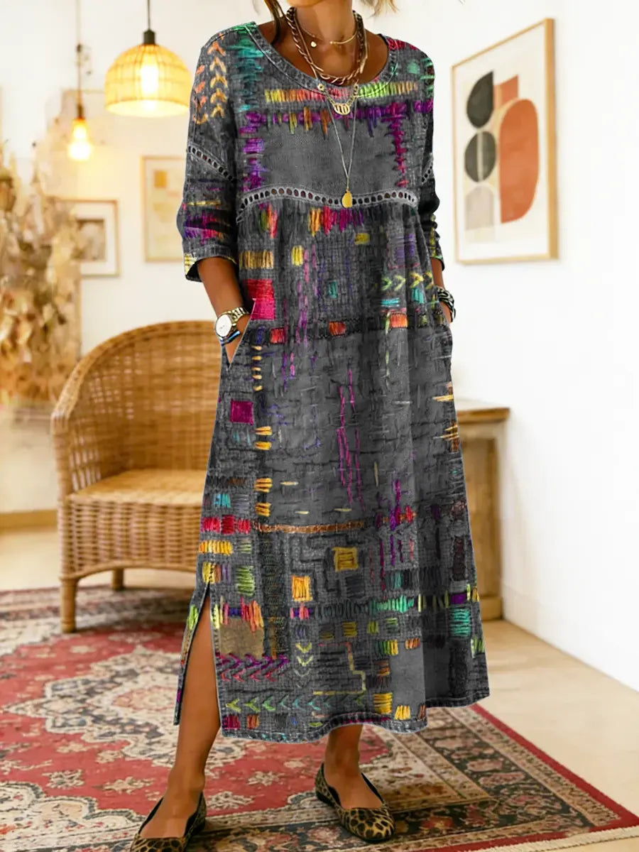 Manuela - Libero Vestito in Denim con Patchwork Etnico