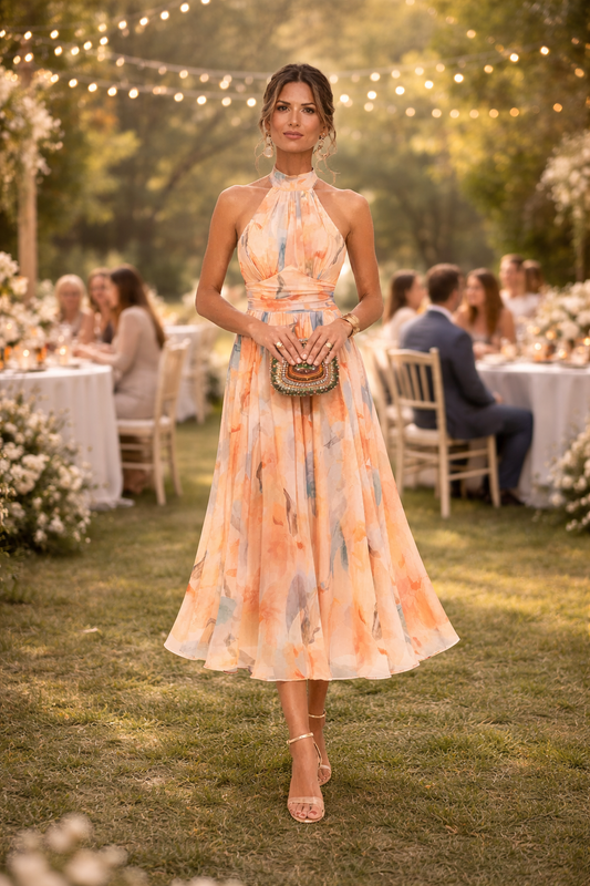 ESTHER - Elegante Abito con Collo Halter e Stampa Acquerello