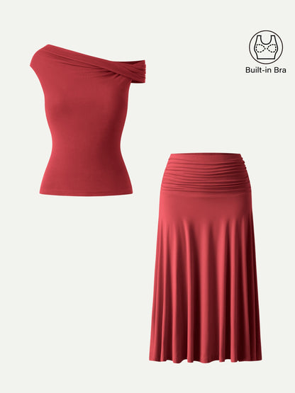 Set di 2 Pezzi Top Bra Multiuso & Gonna Midi A-line con Rouches - Set Versatile di Top e Gonna Midi A-line