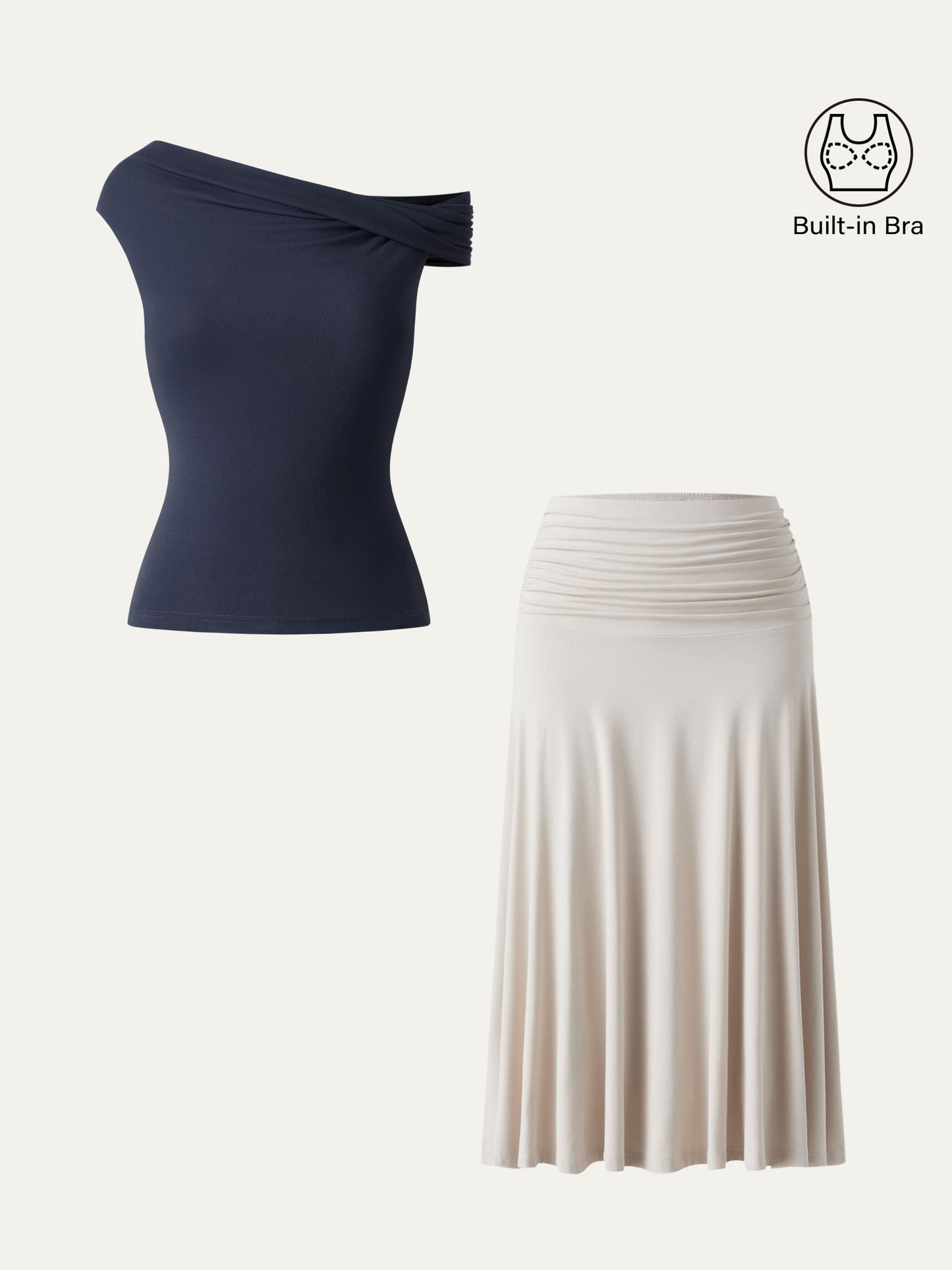 Set di 2 Pezzi Top Bra Multiuso & Gonna Midi A-line con Rouches - Set Versatile di Top e Gonna Midi A-line