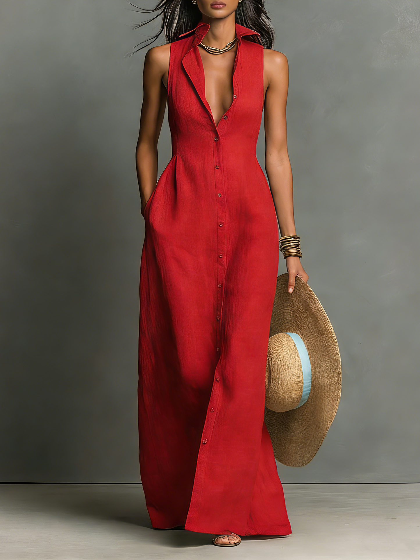 Abito Camicia Maxidress Senza Maniche in Lino Minimalista per Donna - Sofisticato Abito