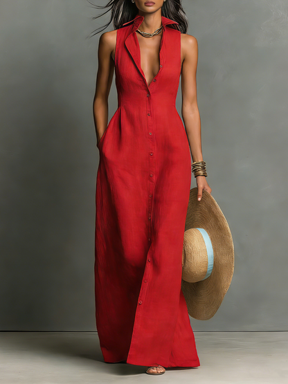 Abito Camicia Maxidress Senza Maniche in Lino Minimalista per Donna - Sofisticato Abito