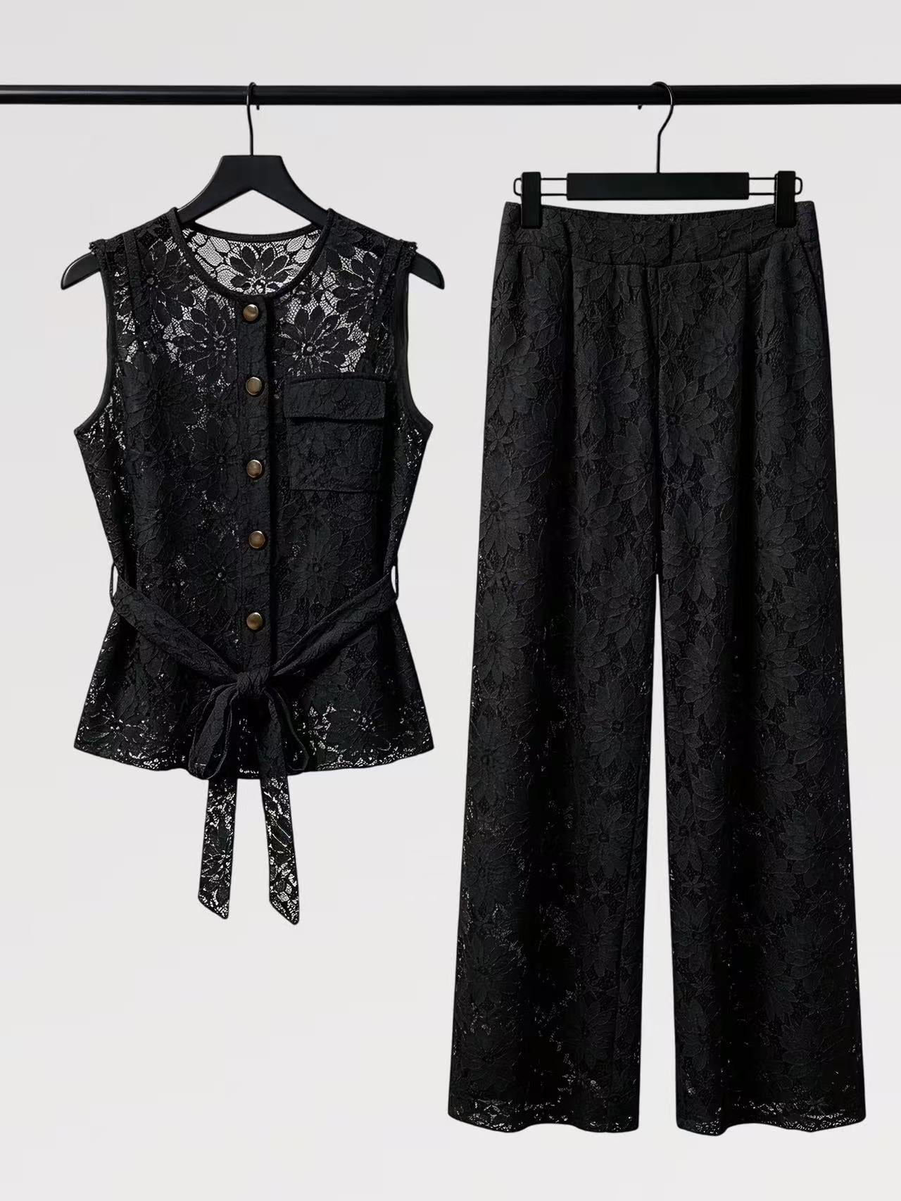 Lady First - Elegante Completo IRENE Smanicato Pizzo – Top con Nodo & Pantalone Palazzo