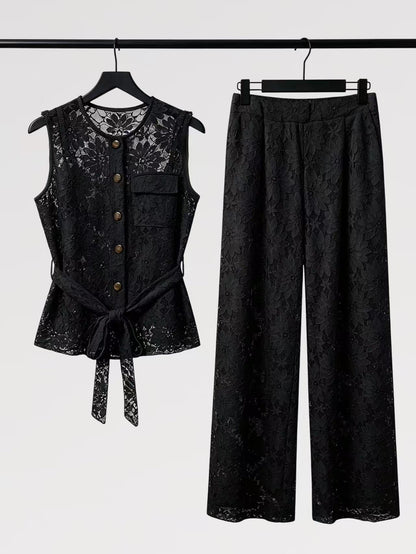 Lady First - Elegante Completo IRENE Smanicato Pizzo – Top con Nodo & Pantalone Palazzo