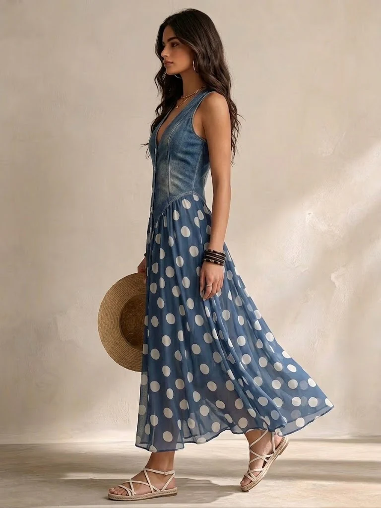 Adeline - Elegante Vestito Lungo Denim con Lunares