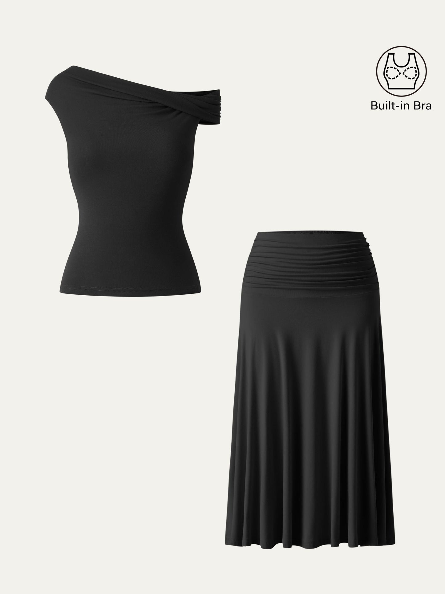Set di 2 Pezzi Top Bra Multiuso & Gonna Midi A-line con Rouches - Set Versatile di Top e Gonna Midi A-line