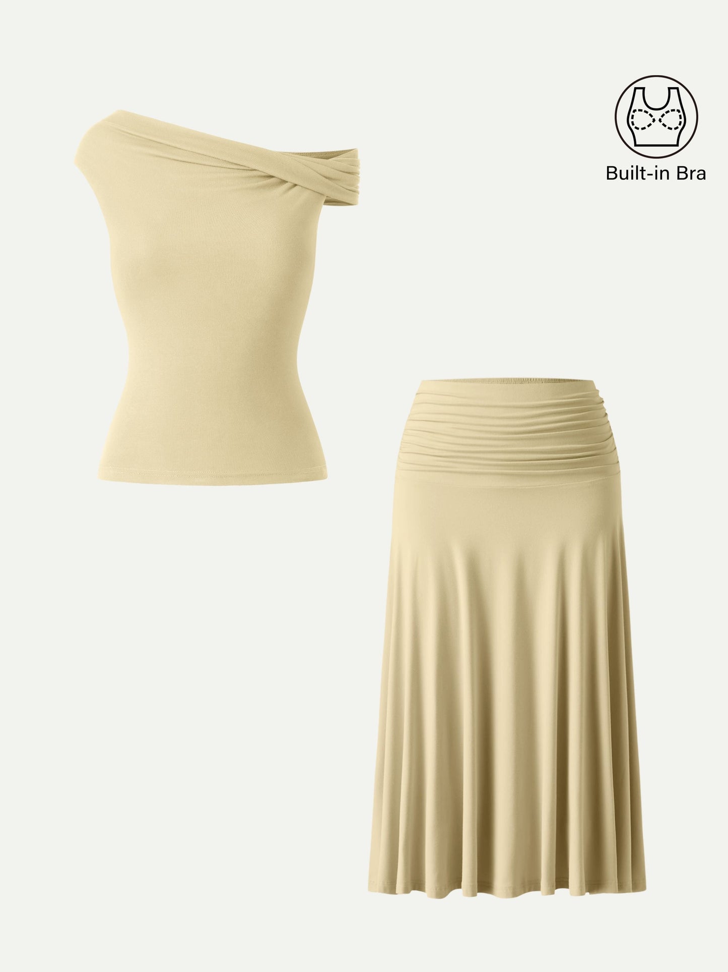 Set di 2 Pezzi Top Bra Multiuso & Gonna Midi A-line con Rouches - Set Versatile di Top e Gonna Midi A-line