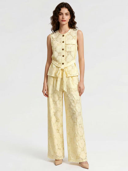 Lady First - Elegante Completo IRENE Smanicato Pizzo – Top con Nodo & Pantalone Palazzo