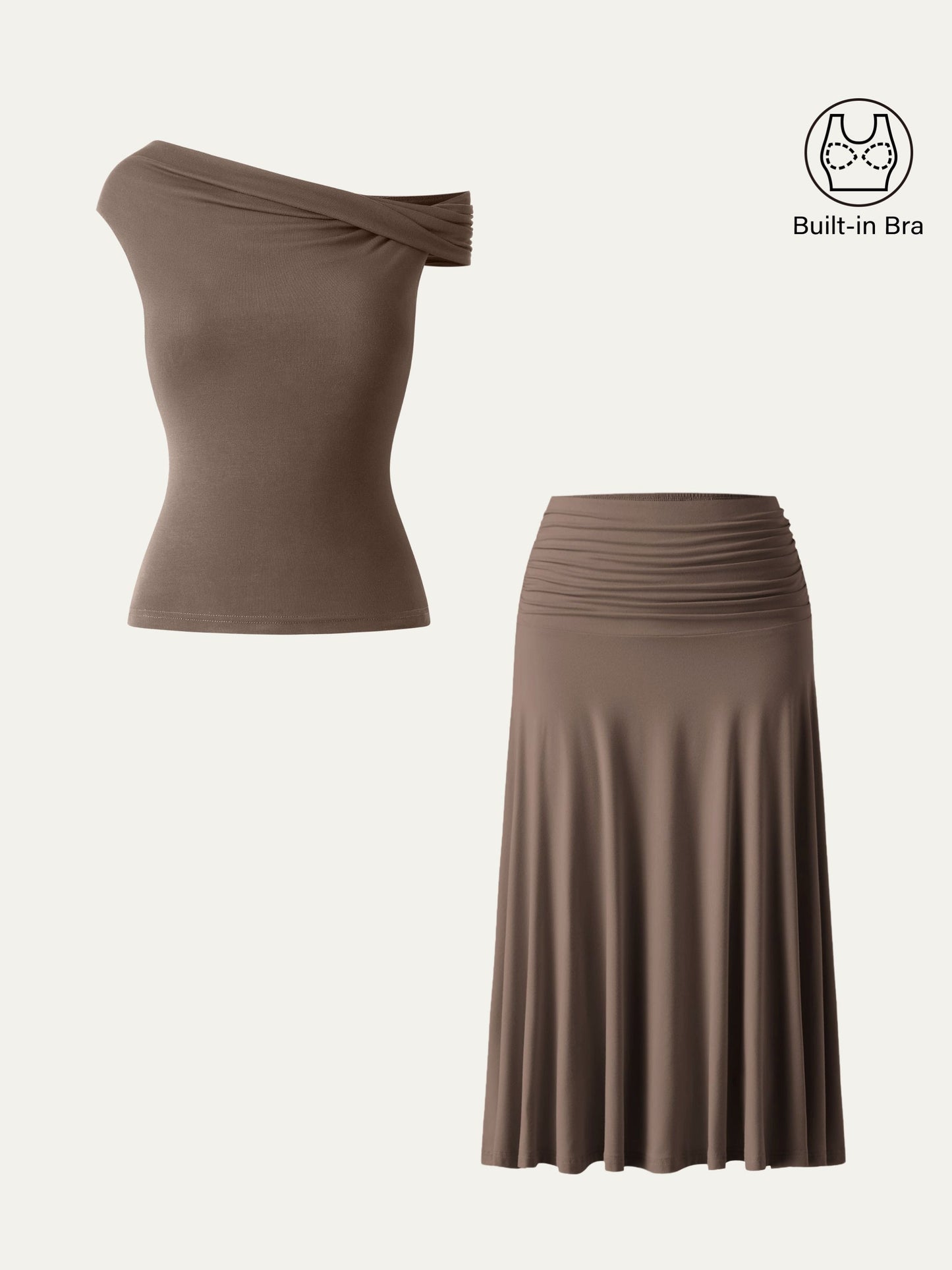 Set di 2 Pezzi Top Bra Multiuso & Gonna Midi A-line con Rouches - Set Versatile di Top e Gonna Midi A-line