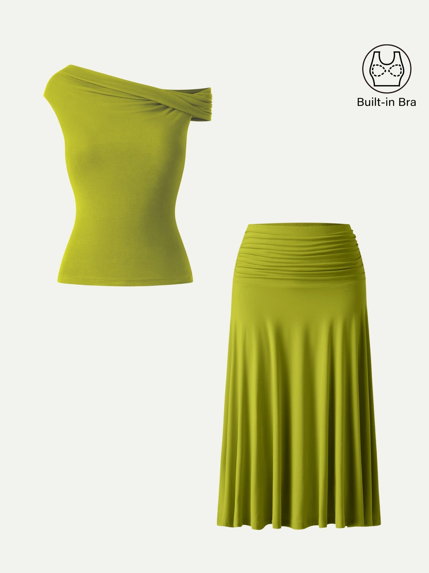 Set di 2 Pezzi Top Bra Multiuso & Gonna Midi A-line con Rouches - Set Versatile di Top e Gonna Midi A-line