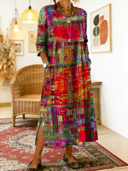Manuela - Libero Vestito in Denim con Patchwork Etnico