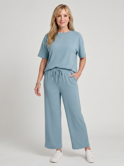 Wihel - Leggero Set di Pantaloni a Gamba Dritta con Vita Regolabile e Maniche Corte