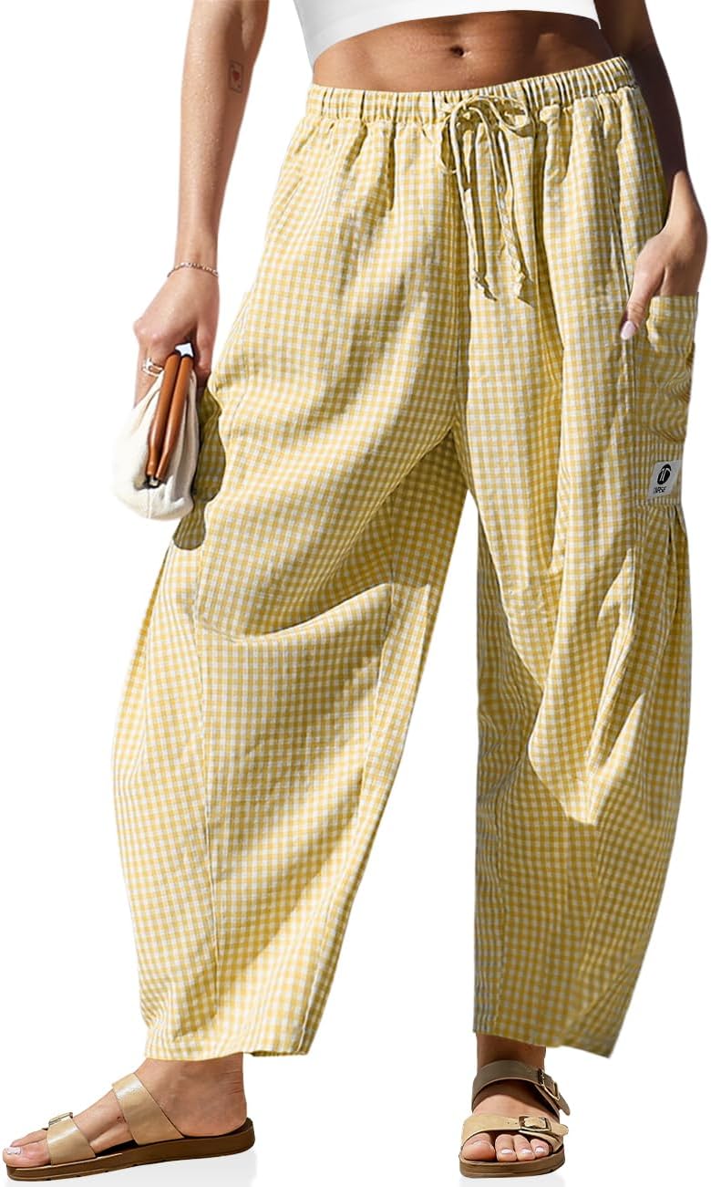 Pantaloni larghi a righe in lino per donna TARSE, casual, a palazzo, harem, con tasche e coulisse a vita bassa
