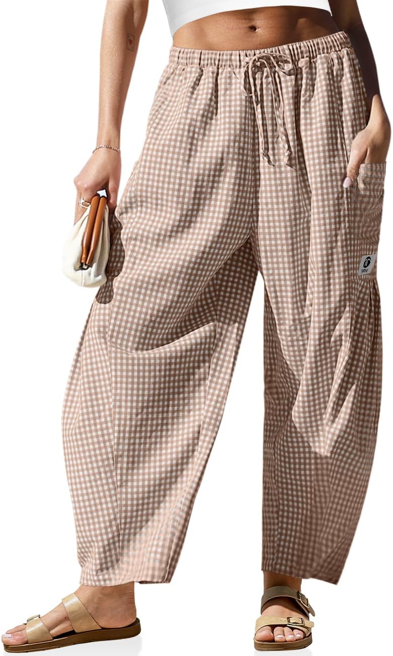 Pantaloni larghi a righe in lino per donna TARSE, casual, a palazzo, harem, con tasche e coulisse a vita bassa