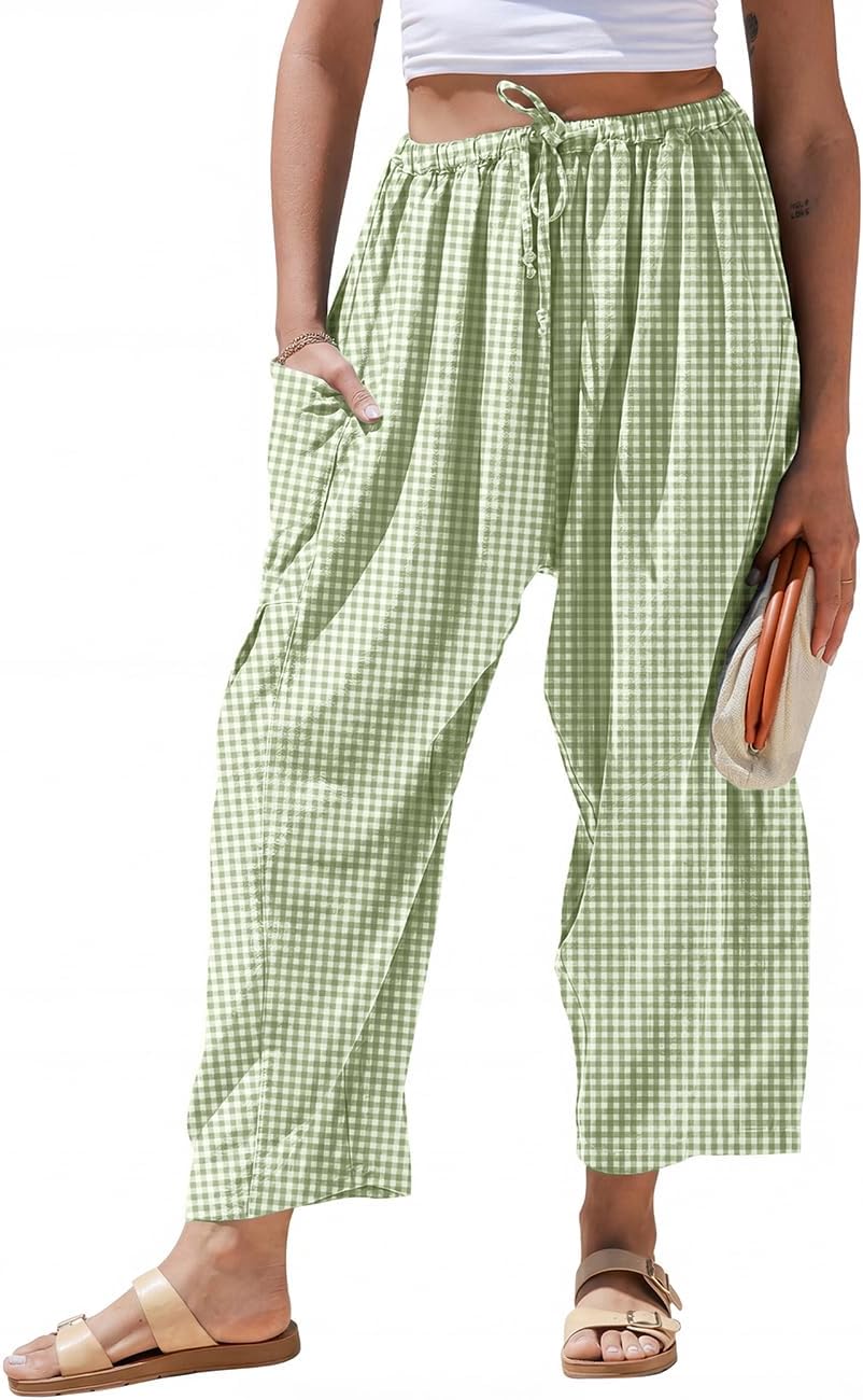 Pantaloni larghi a righe in lino per donna TARSE, casual, a palazzo, harem, con tasche e coulisse a vita bassa