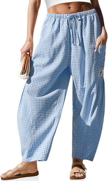 Pantaloni larghi a righe in lino per donna TARSE, casual, a palazzo, harem, con tasche e coulisse a vita bassa