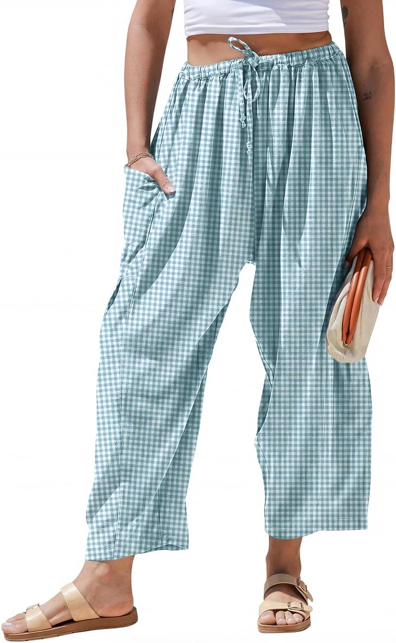 Pantaloni larghi a righe in lino per donna TARSE, casual, a palazzo, harem, con tasche e coulisse a vita bassa