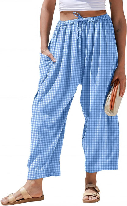 Pantaloni larghi a righe in lino per donna TARSE, casual, a palazzo, harem, con tasche e coulisse a vita bassa