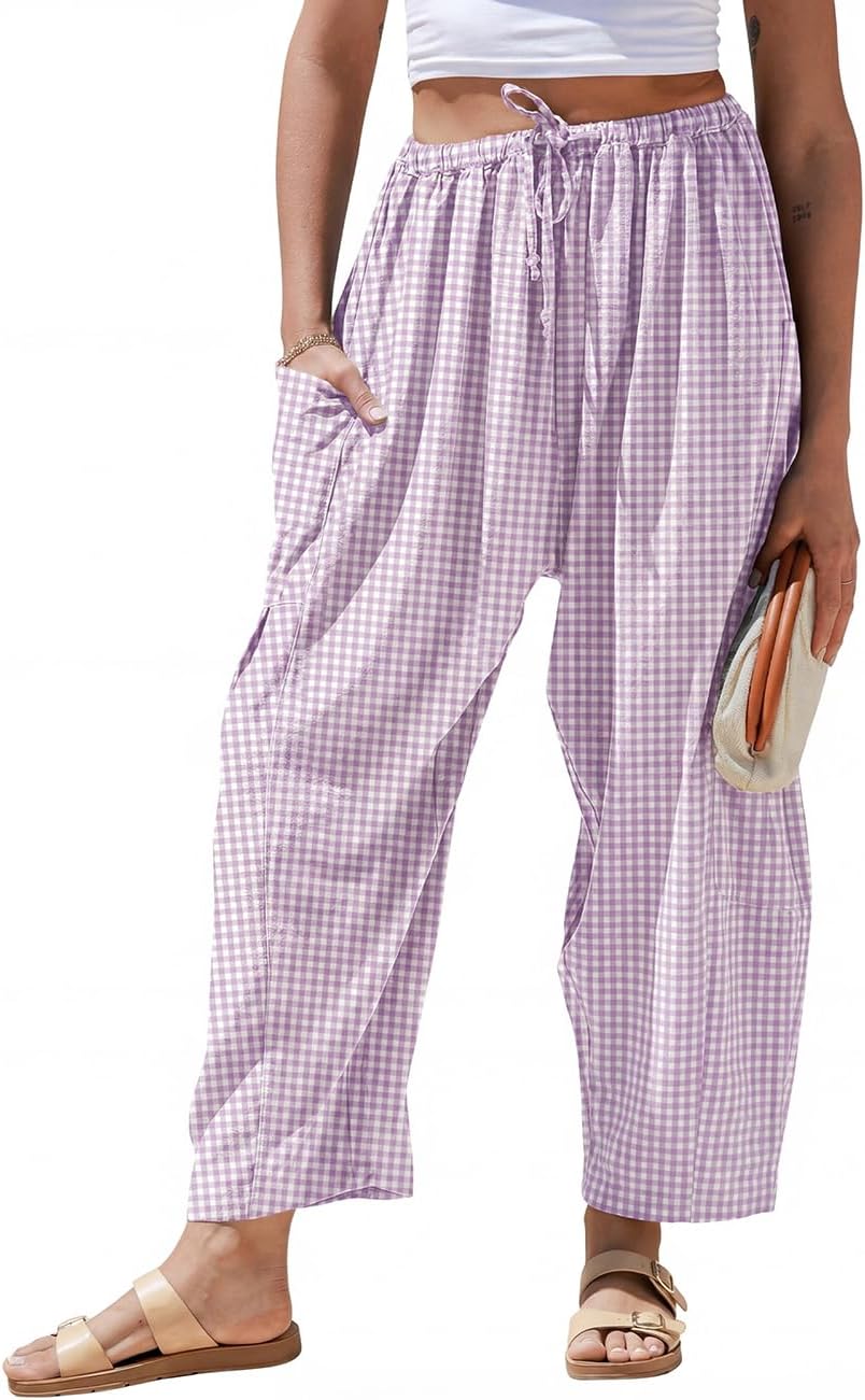 Pantaloni larghi a righe in lino per donna TARSE, casual, a palazzo, harem, con tasche e coulisse a vita bassa