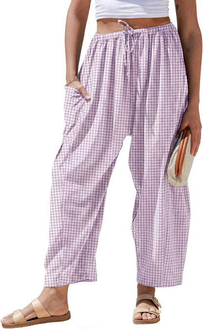 Pantaloni larghi a righe in lino per donna TARSE, casual, a palazzo, harem, con tasche e coulisse a vita bassa