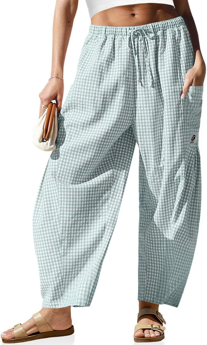 Pantaloni larghi a righe in lino per donna TARSE, casual, a palazzo, harem, con tasche e coulisse a vita bassa