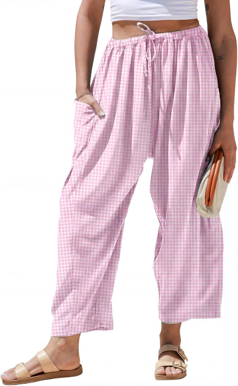 Pantaloni larghi a righe in lino per donna TARSE, casual, a palazzo, harem, con tasche e coulisse a vita bassa