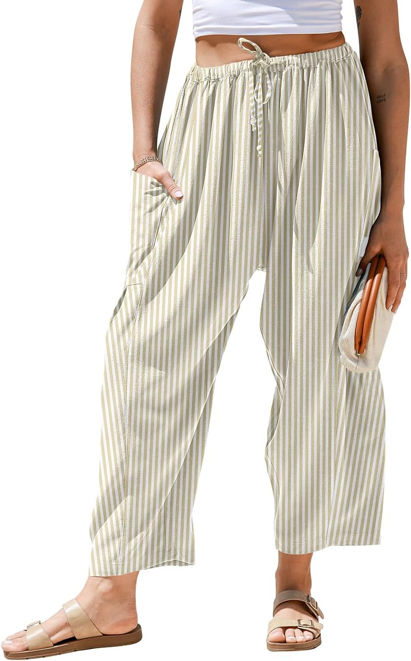 Pantaloni larghi a righe in lino per donna TARSE, casual, a palazzo, harem, con tasche e coulisse a vita bassa
