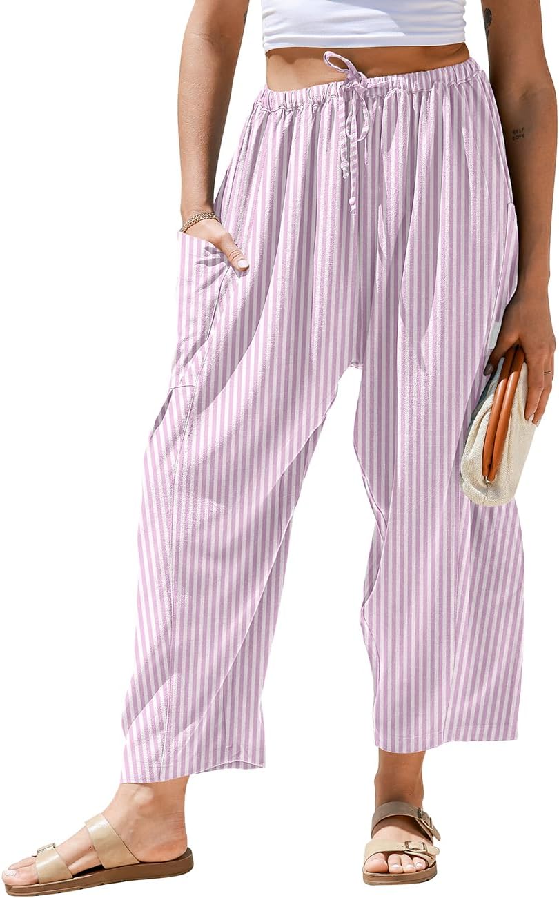 Pantaloni larghi a righe in lino per donna TARSE, casual, a palazzo, harem, con tasche e coulisse a vita bassa