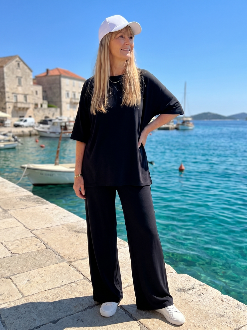 Ramse - Morbido Set di Top Oversized a Maniche Corte e Pantaloni a Gamba Larga