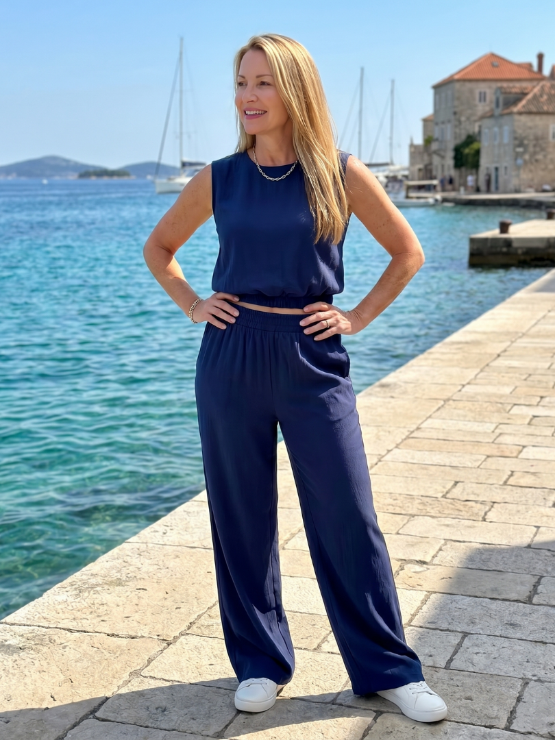Otilia - Leggero Set di pantaloni a gamba larga con top senza maniche e scollo a girocollo