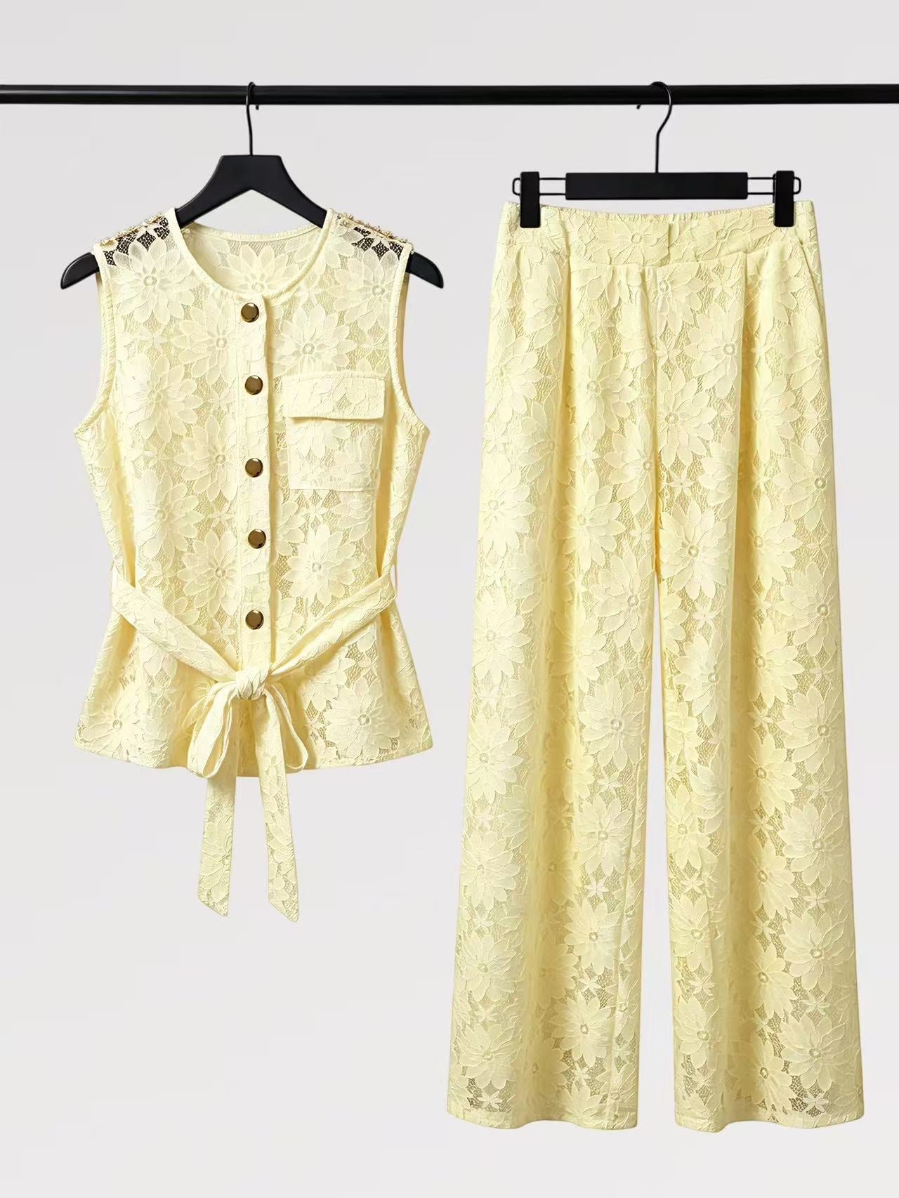 Lady First - Elegante Completo IRENE Smanicato Pizzo – Top con Nodo & Pantalone Palazzo